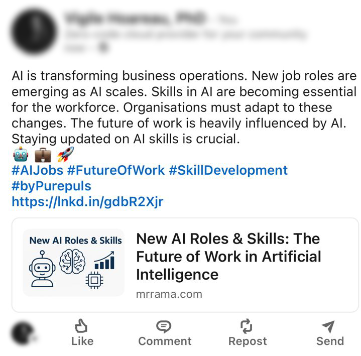 Screenshot of LinkedIn showing a previously copied Pulse ready for posting