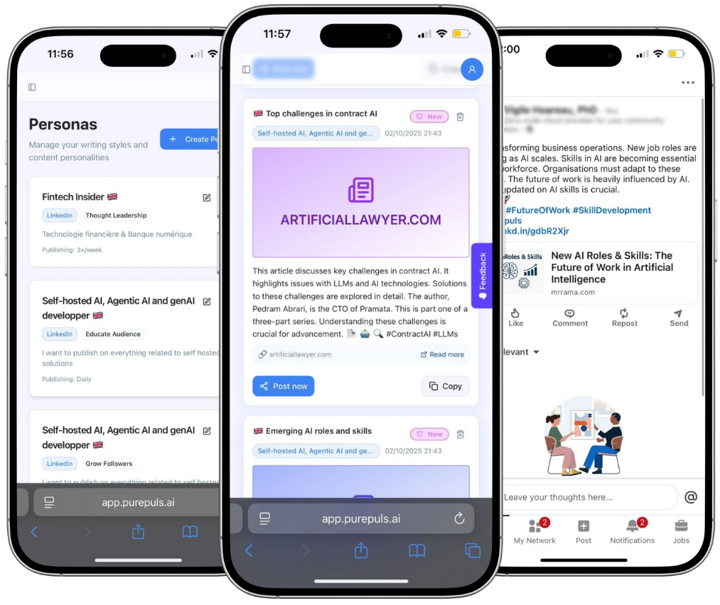 Three mobile screens showing editorial personas list, a ready-to-post Pulse, and the published LinkedIn post