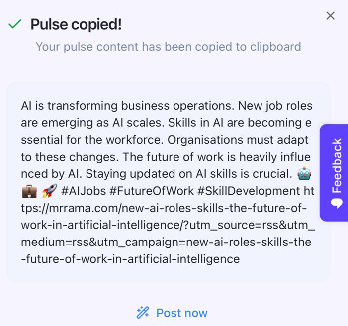 Example of a Pulse, ready-to-post social media content, copied and prepared for immediate sharing