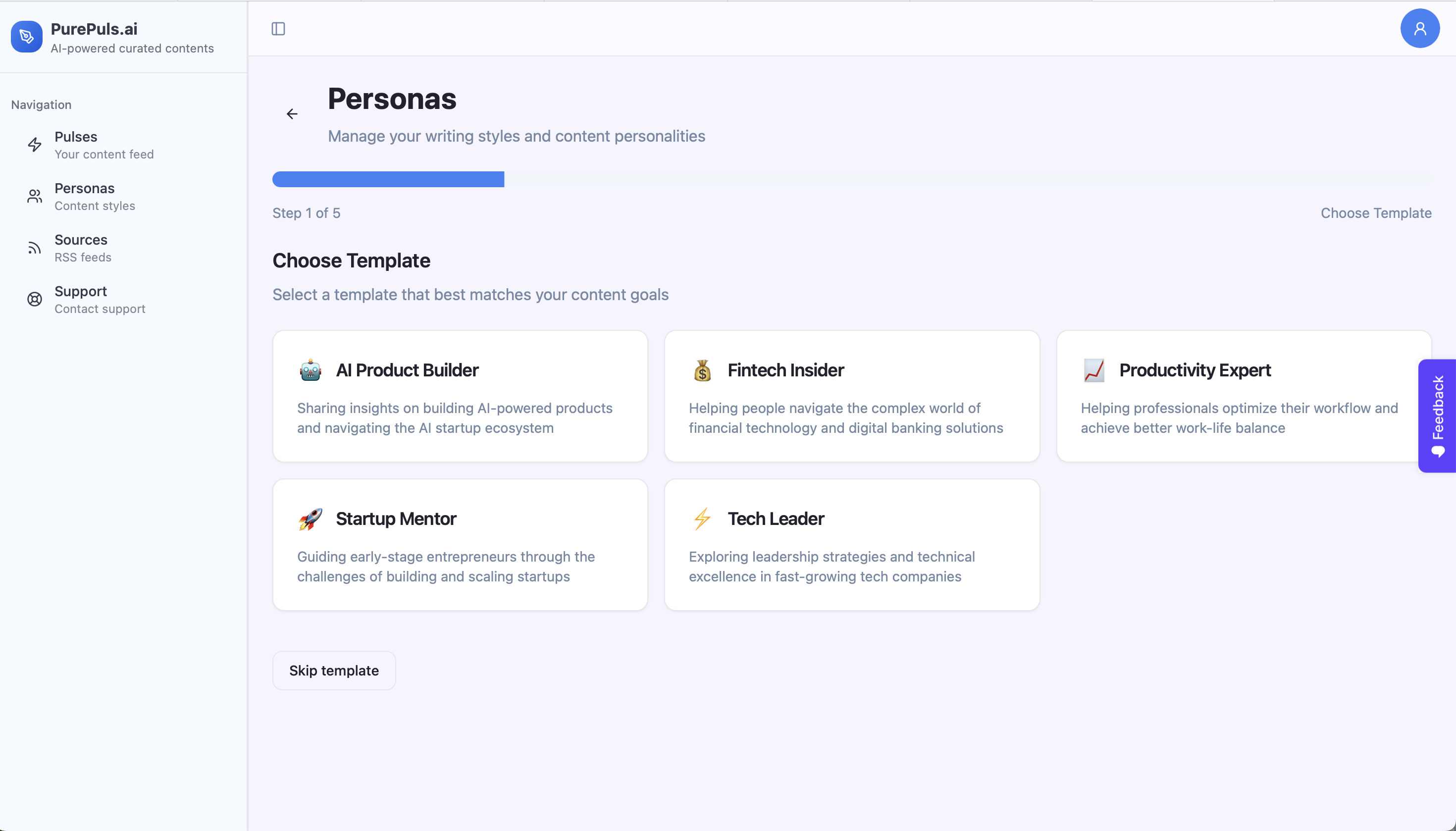 An app screenshot where there are examples of persona on different topic to generate curated post for social network