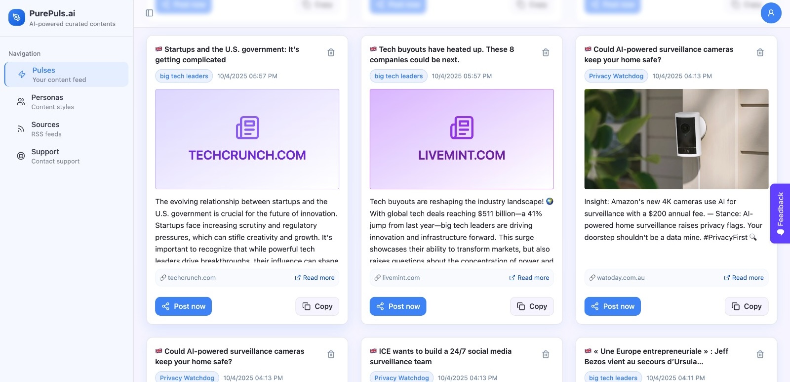 Wall of ready-to-post social media content on various topics, tailored to different editorial profiles
